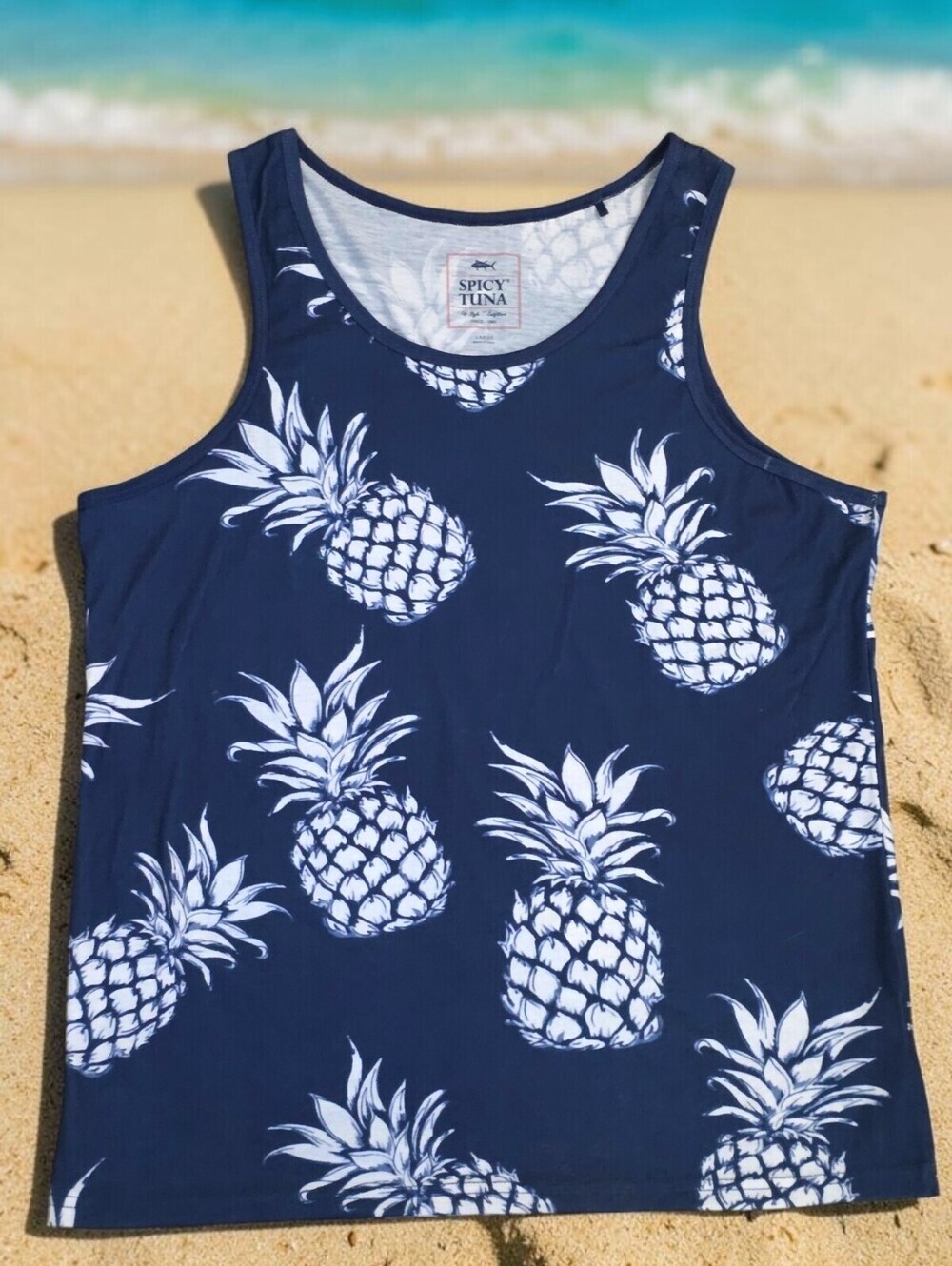 Spicy Tuna Pineapple Print Tank Top Navy White Tropical Beach Men's L